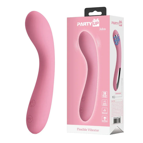 Party Up John Flexible Vibrator in Pink beside its pink retail box
