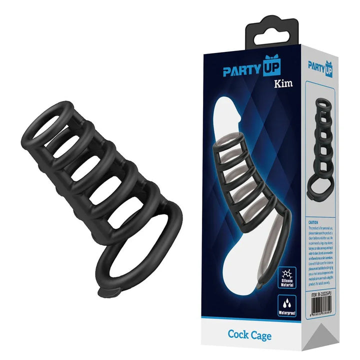 Party Up Kim Cock Cage in Black beside its blue and black retail box