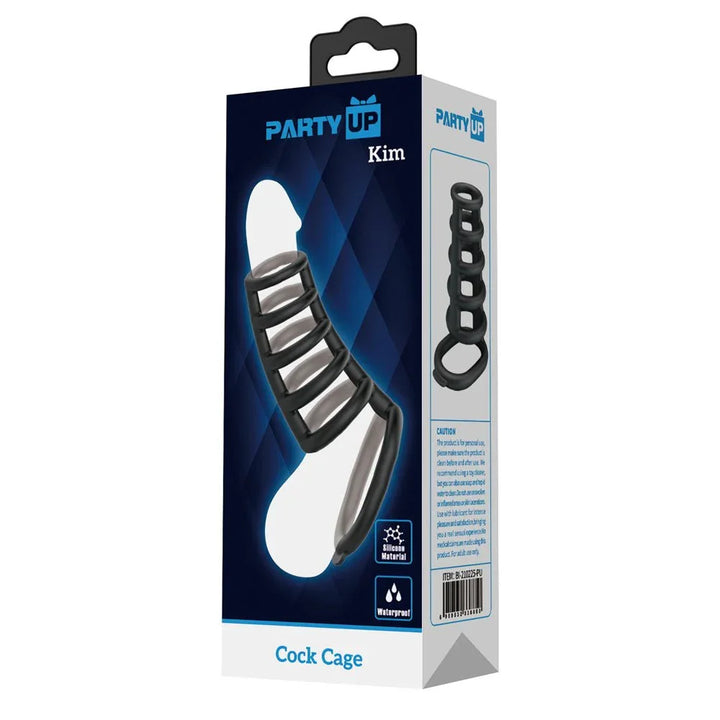 Party Up Kim Cock Cage retail box alone, blue front panel with hanging tab
