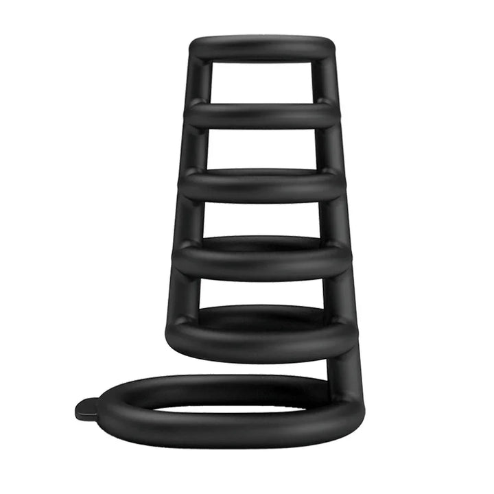 Party Up Kim Cock Cage in Black upright side view, ball ring hanging below