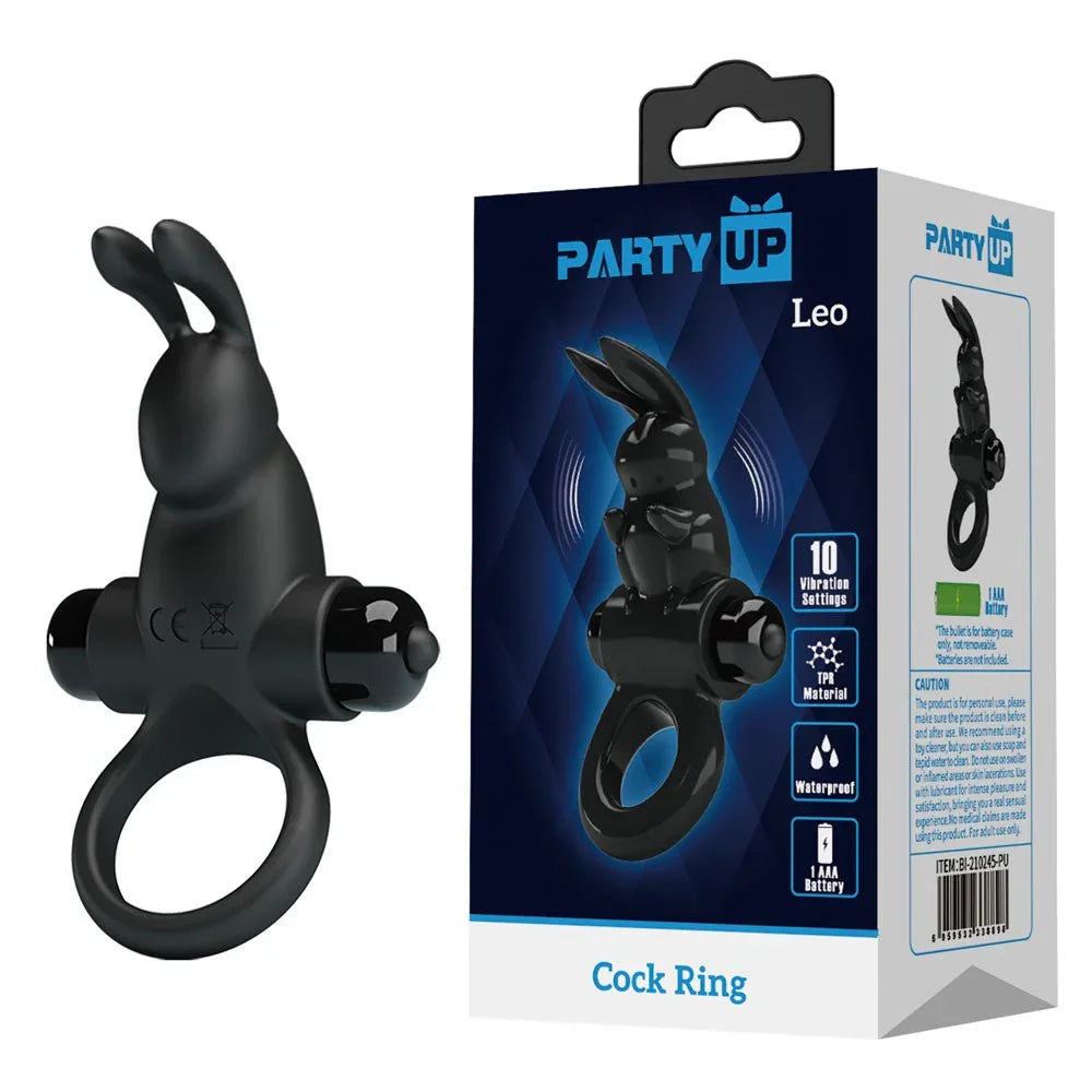 Party Up Larry Vibrating Cock Ring in Black beside its blue retail box