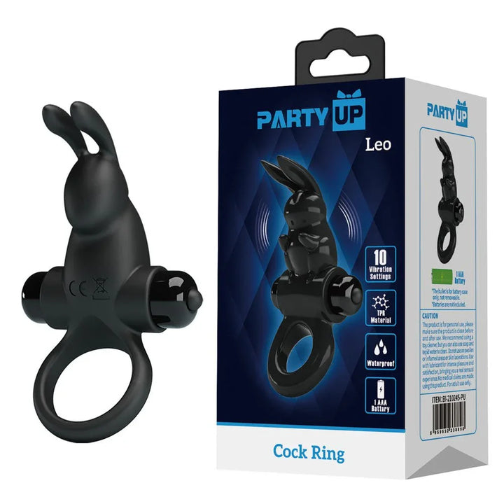 Party Up Larry Vibrating Cock Ring in Black beside its blue retail box