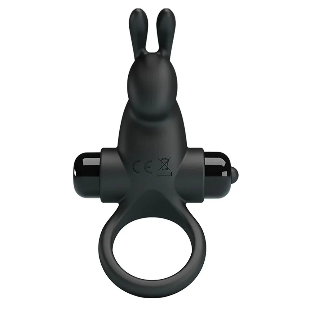 Party Up Larry cock ring in Black upright, rabbit ears above the bullet and single ring