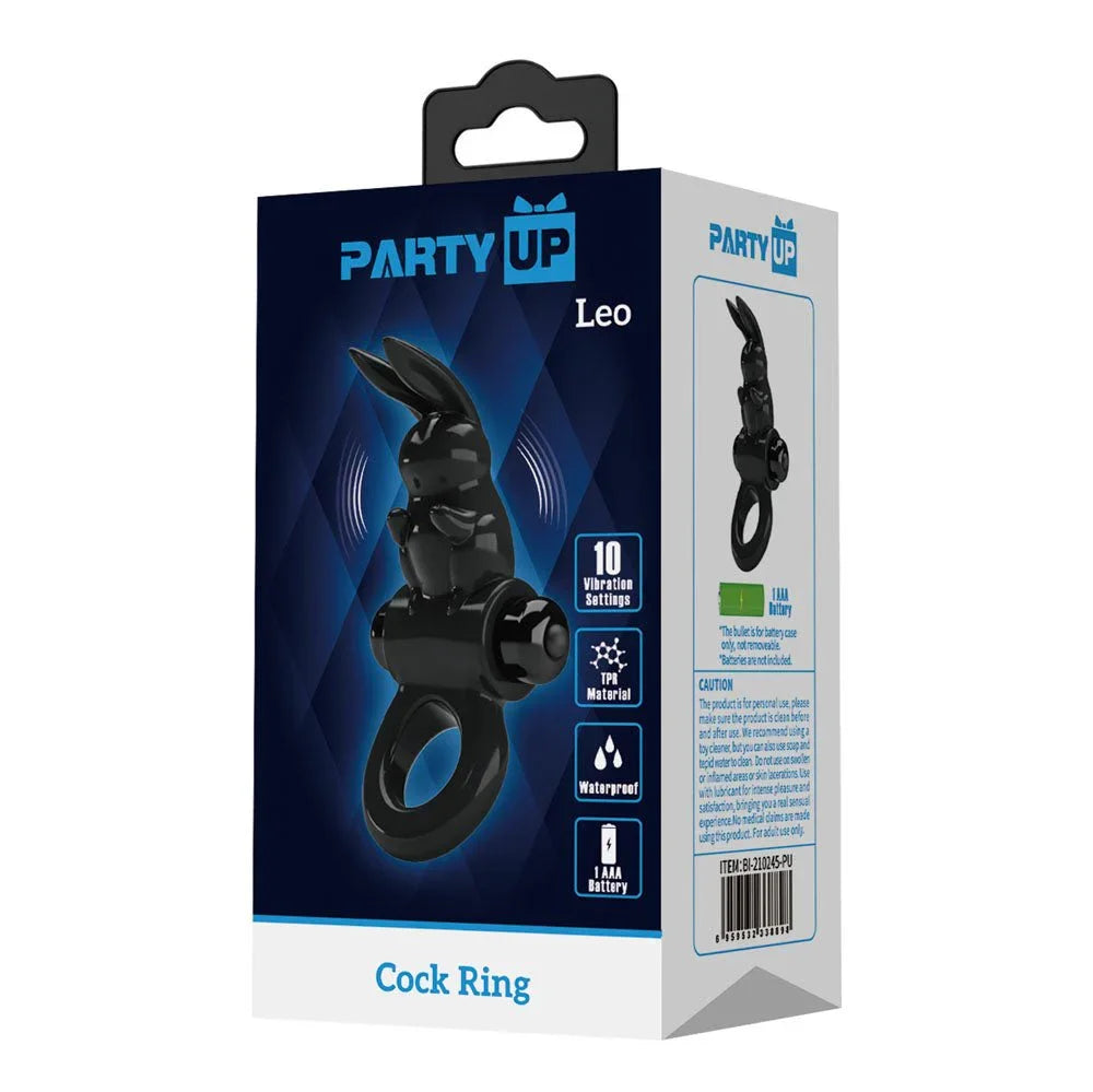 Party Up cock ring retail box alone, blue panel printed with the name Leo