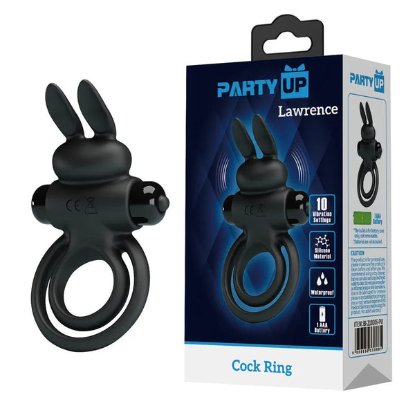 Party Up Lawrence Vibrating Cock Ring in Black beside its blue retail box