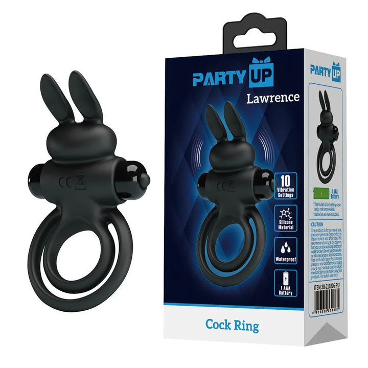 Party Up Lawrence Vibrating Cock Ring in Black beside its blue retail box