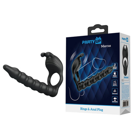 Buy Party Up MARCUS Ring & Anal Plug - Black USB Rechargeable Vibrating Cock Ring with Double Penetrator – Naughtyhut NZ sex toys online. Discreet delivery & top brands.