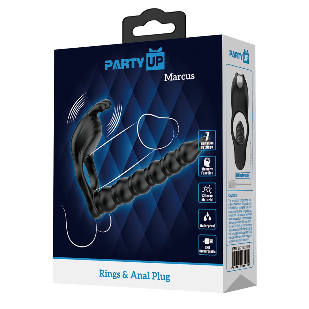 Buy Party Up MARCUS Ring & Anal Plug - Black USB Rechargeable Vibrating Cock Ring with Double Penetrator – Naughtyhut NZ sex toys online. Discreet delivery & top brands.