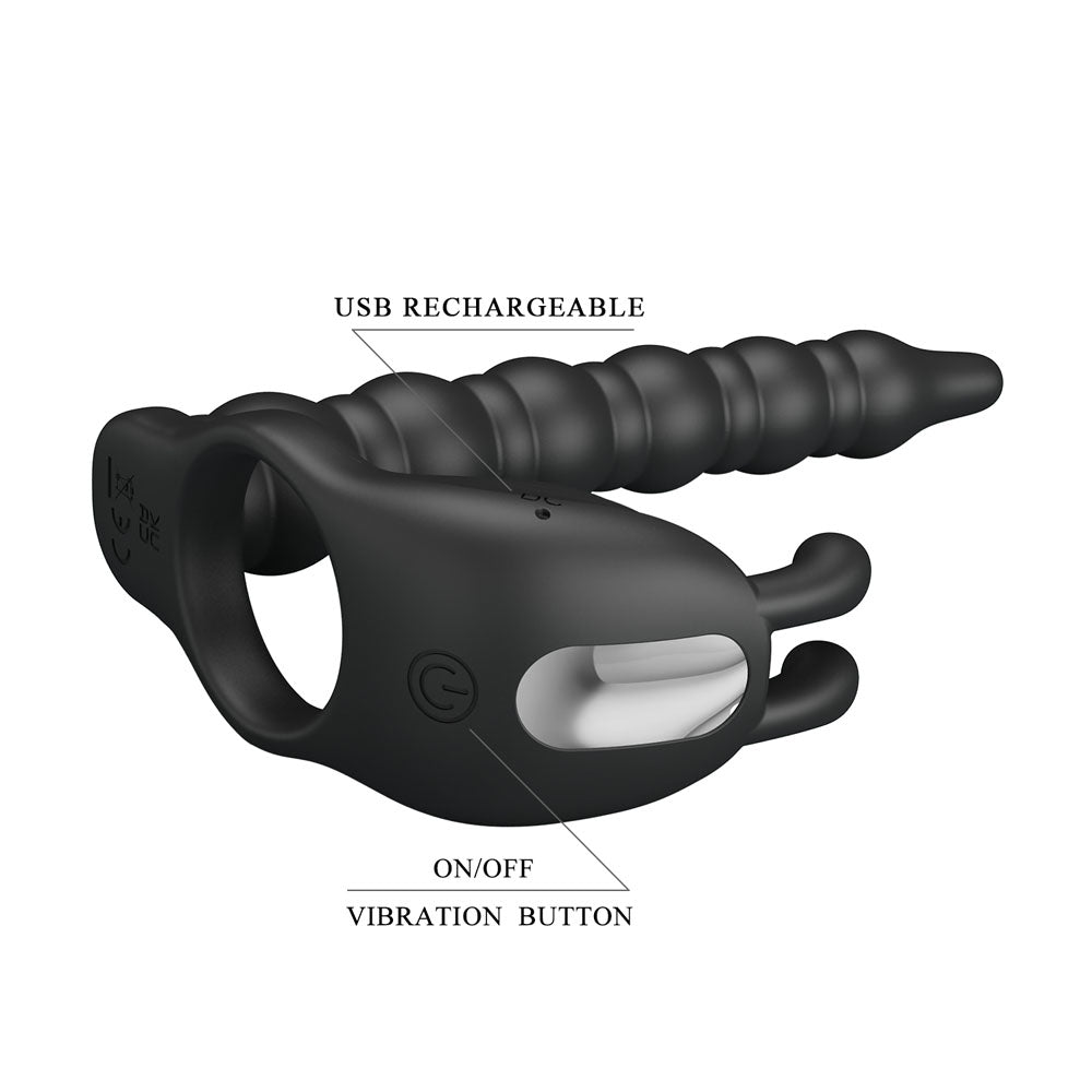 Buy Party Up MARCUS Ring & Anal Plug - Black USB Rechargeable Vibrating Cock Ring with Double Penetrator – Naughtyhut NZ sex toys online. Discreet delivery & top brands.
