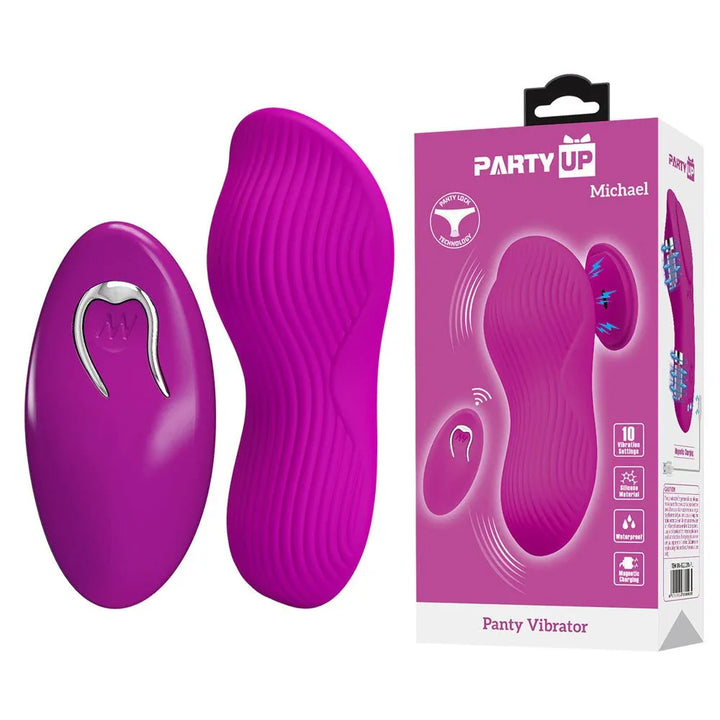 Party Up Michael Panty Vibrator in Pink with its matching remote and pink retail box