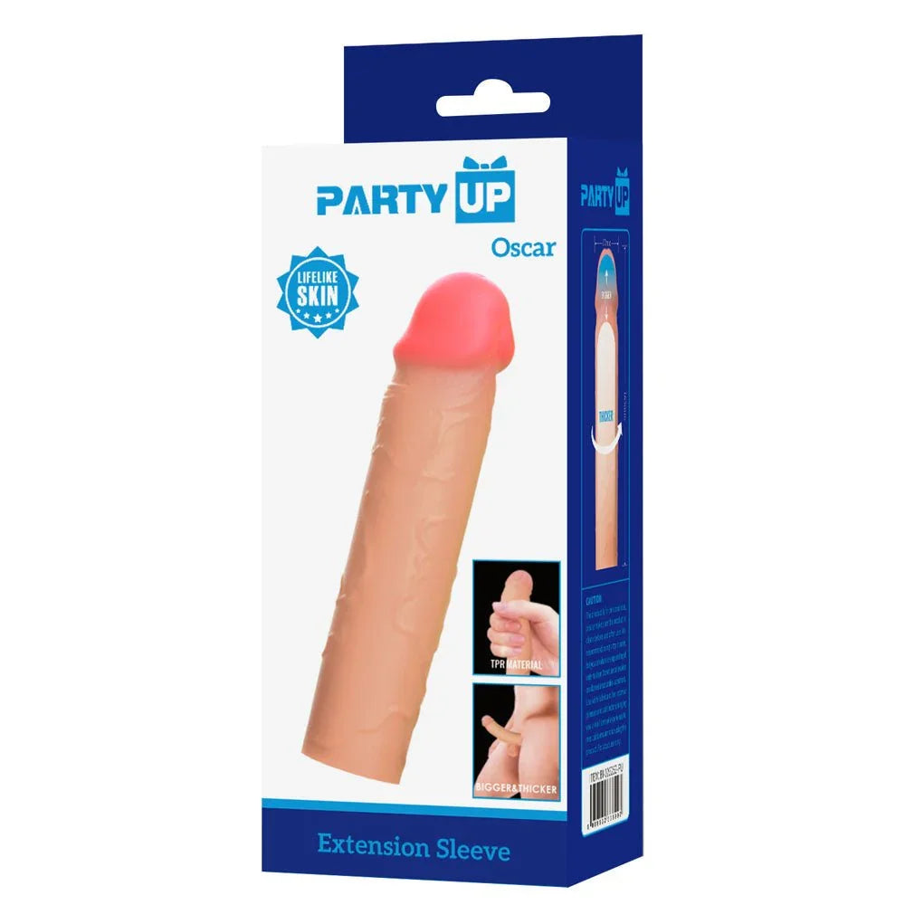 Party Up Oscar Extender Sleeve retail box alone, blue and white front panel