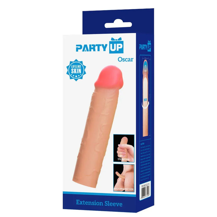 Party Up Oscar Extender Sleeve retail box alone, blue and white front panel