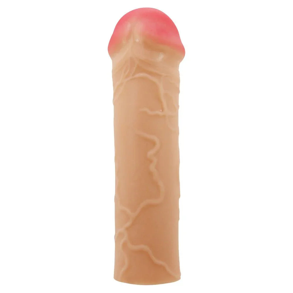 Party Up Oscar Extender Sleeve in Flesh upright, veined shaft and pink tip