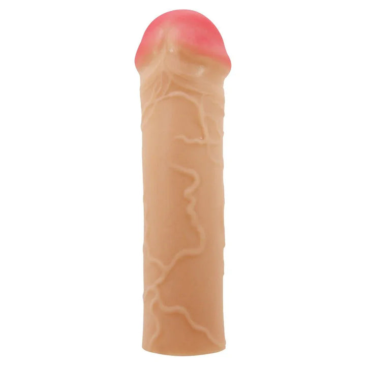 Party Up Oscar Extender Sleeve in Flesh upright, veined shaft and pink tip