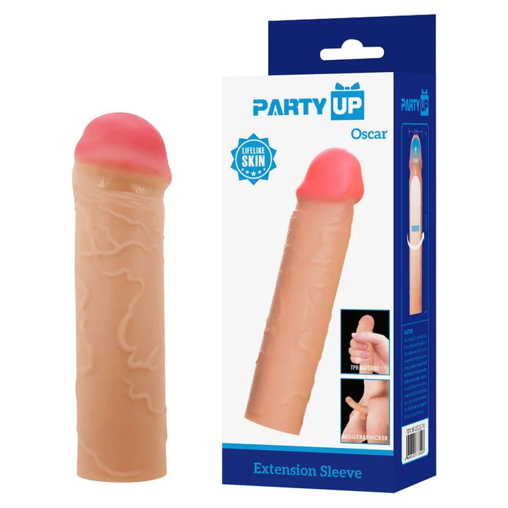 Party Up Oscar 1 Inch Extender Sleeve in Flesh standing beside its blue retail box