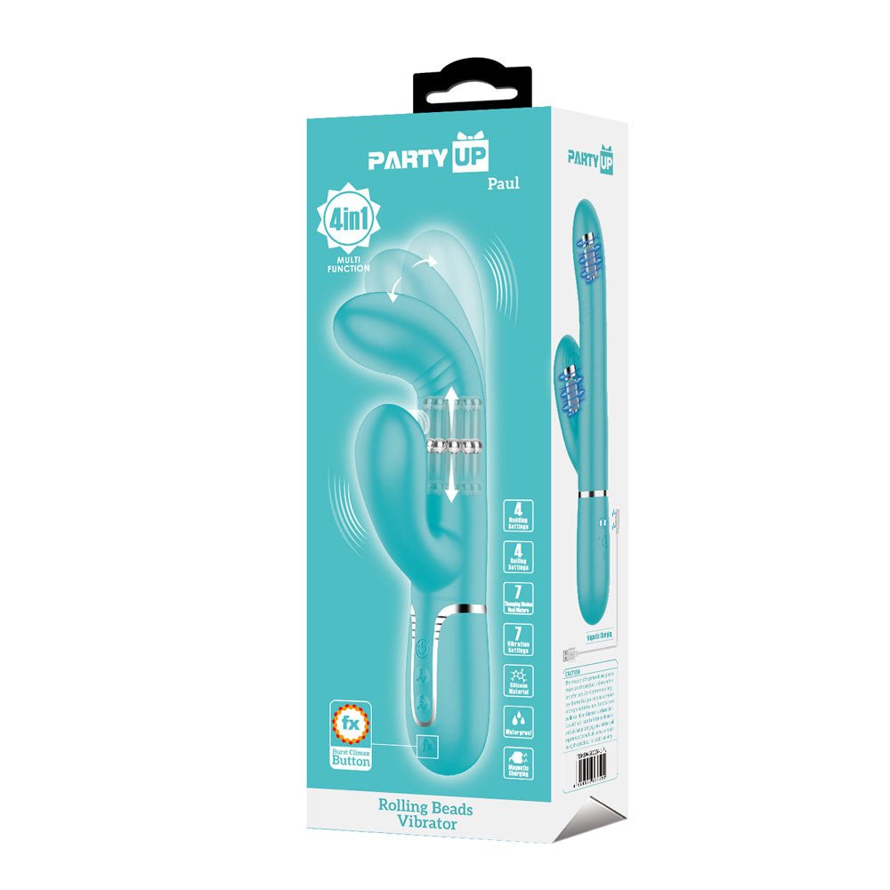 Buy Party Up PAUL Rolling Beads Vibrator - Teal - Teal 22.6 cm USB Rechargeable Thrusting Rabbit Vibrator – Naughtyhut NZ sex toys online. Discreet delivery & top brands.