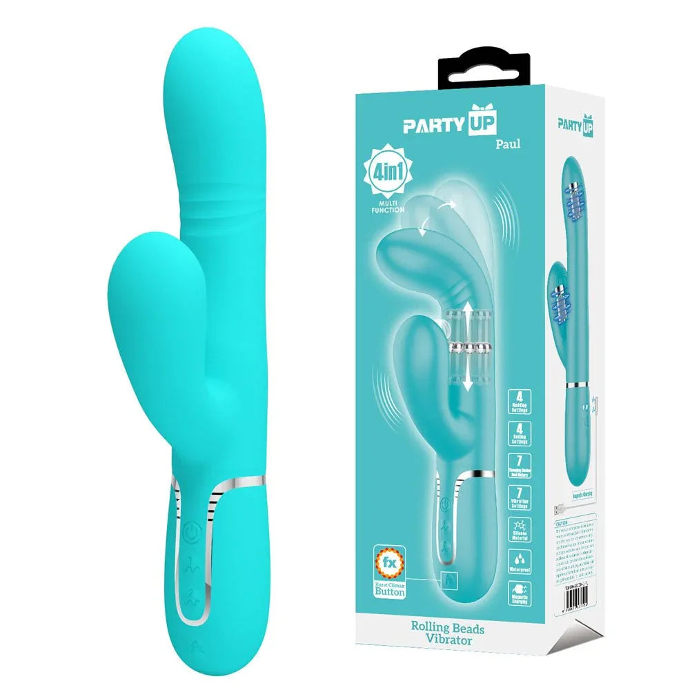 Party Up Paul Rolling Beads Thrusting Rabbit Vibrator in Teal beside its teal box