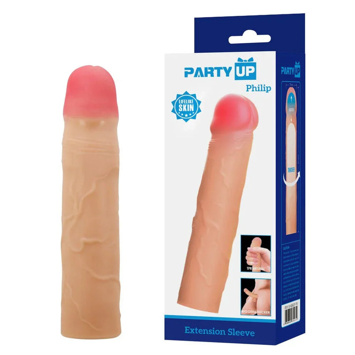 Party Up Philip 3 Inch Extender Sleeve in Flesh standing beside its blue retail box