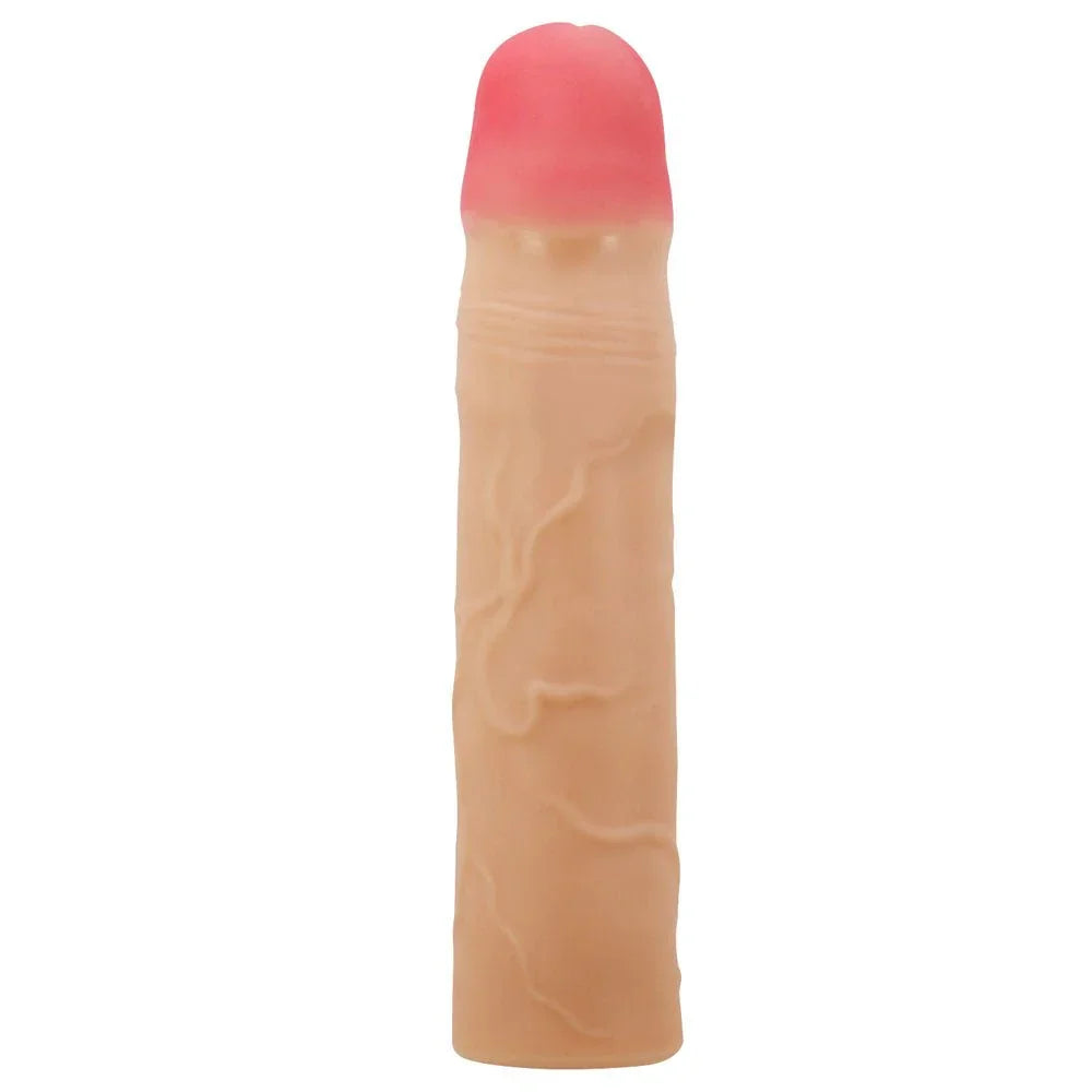 Party Up Philip Extender Sleeve in Flesh upright, long veined shaft and pink tip