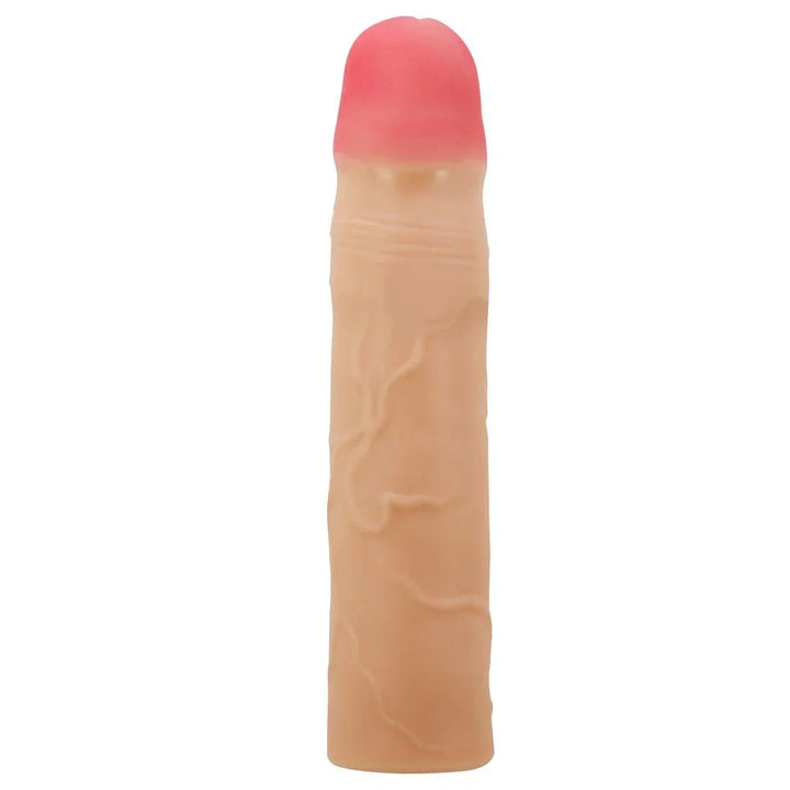 Party Up Philip Extender Sleeve in Flesh upright, long veined shaft and pink tip