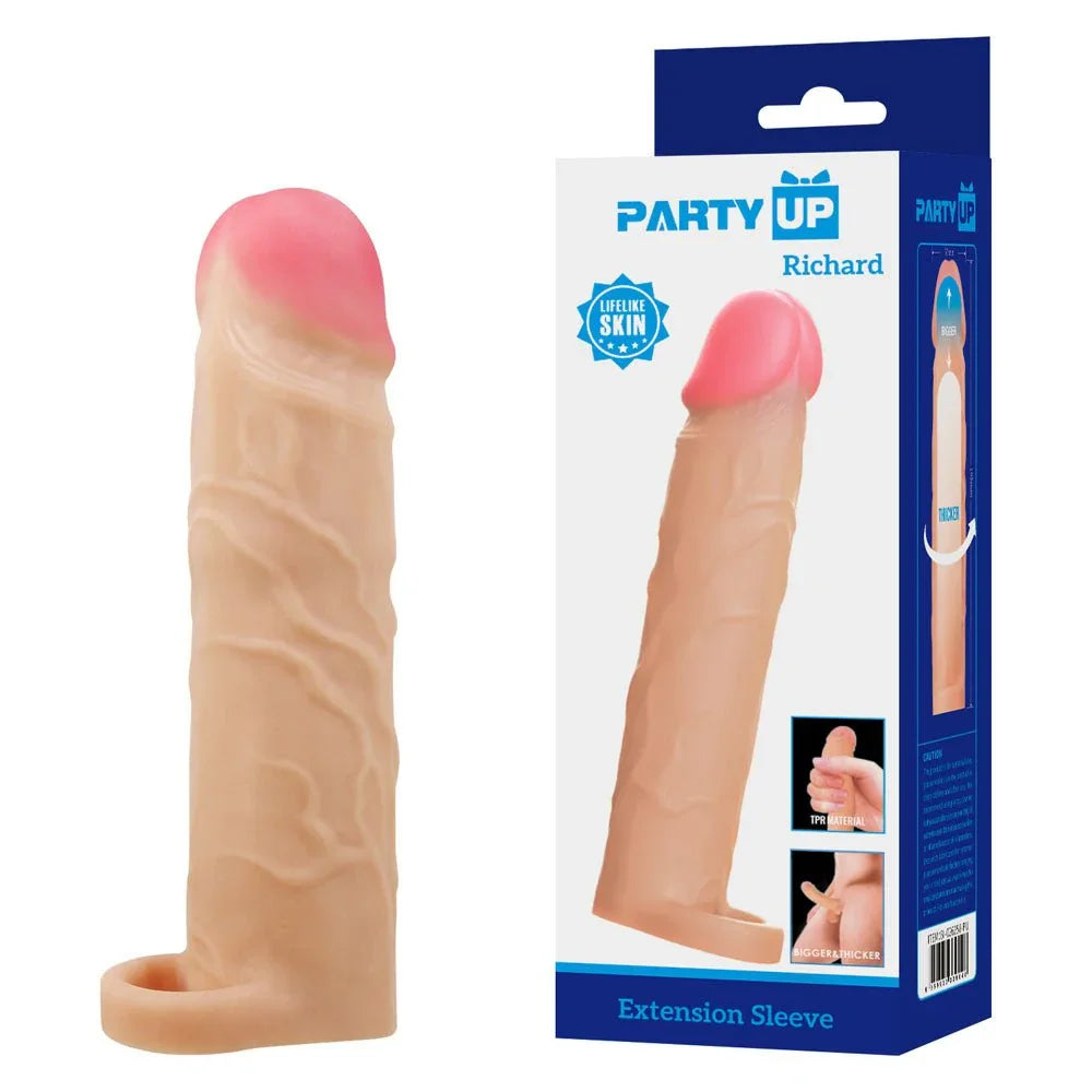 Party Up Richard 3 Inch Extender Sleeve in Flesh with its ball strap, beside the retail box