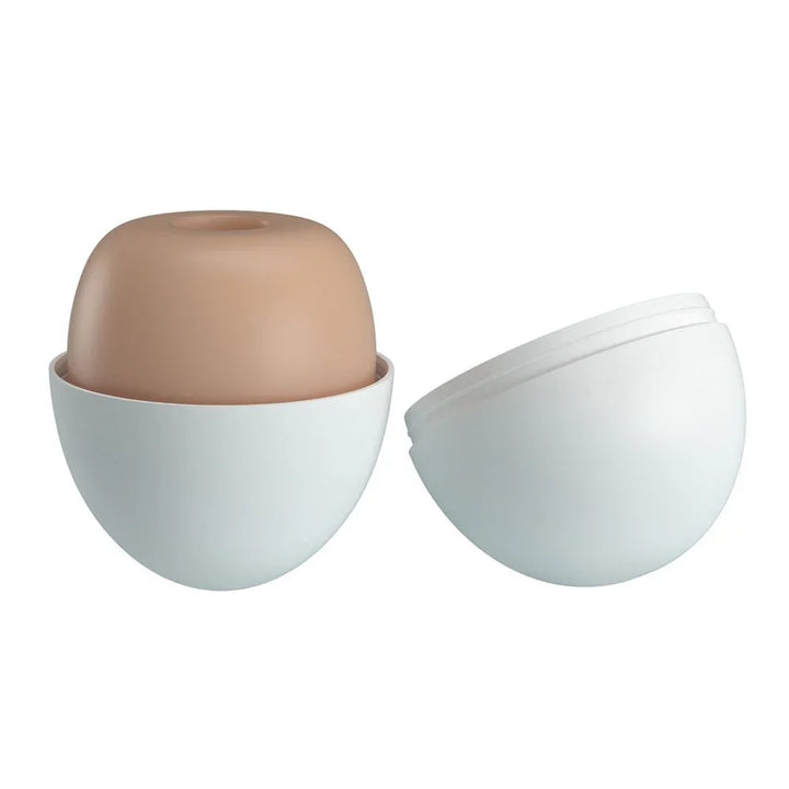Party Up Sam Mini Stroker seated in one white shell half, the lid resting alongside