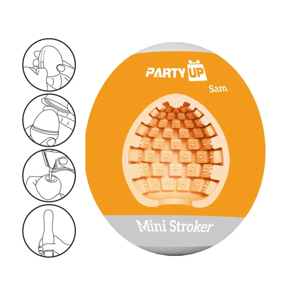 Party Up Sam Mini Stroker pack with four line drawings showing how to use it