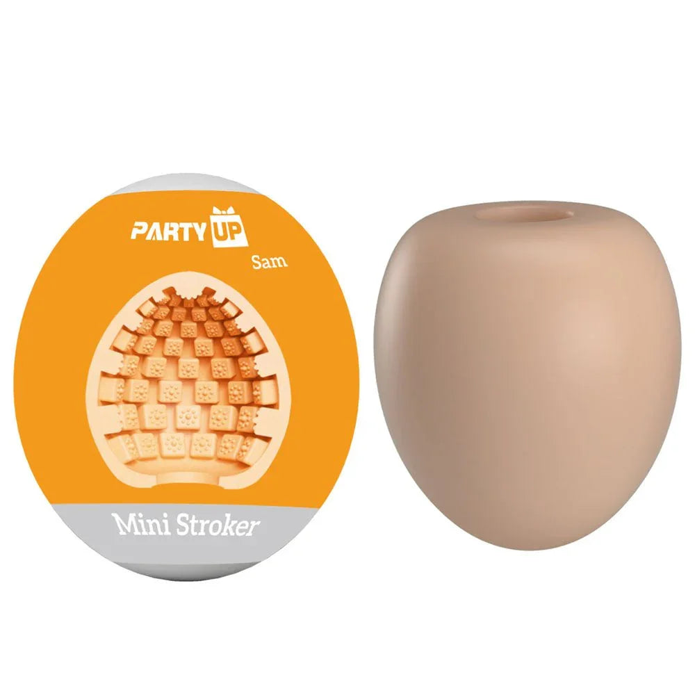 Party Up Sam Mini Stroker in Flesh beside its round orange Party Up disc pack