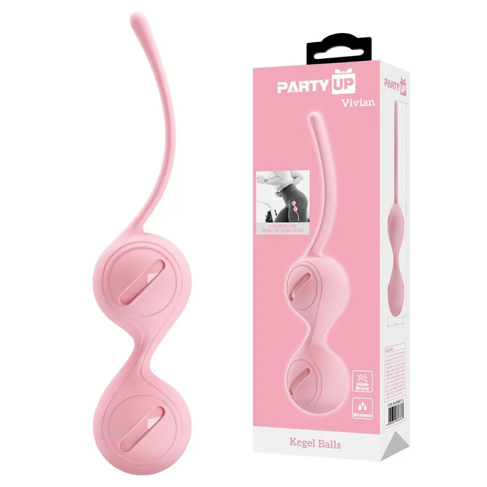 Party Up Vivian Kegel Balls in Pink, twin balls on a long cord beside the pink retail box