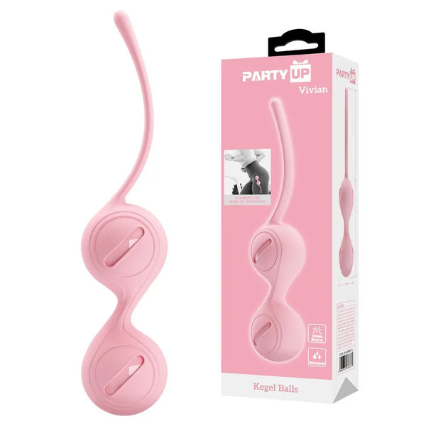Party Up Vivian Kegel Balls in Pink, twin balls on a long cord beside the pink retail box