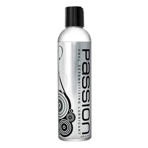 Passion anal desensitising lubricant, 250 ml clear bottle with black cap and silver swirl label