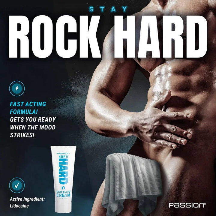 Keep It Hard panel headed Stay Rock Hard, tube beside a male torso, lidocaine noted
