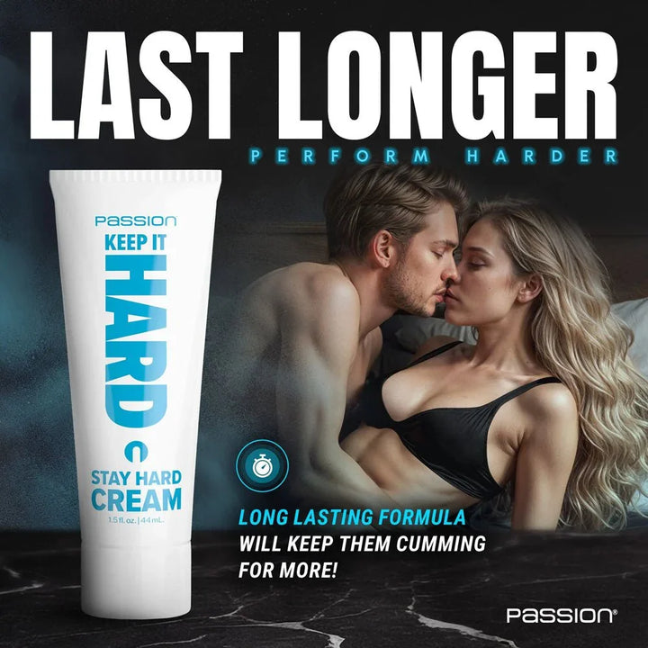 Keep It Hard panel headed Last Longer Perform Harder, tube beside a couple in bed