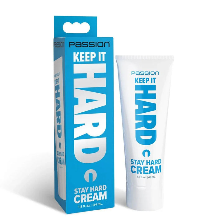 Passion Keep It Hard 44 ml tube and its blue carton upright on plain white