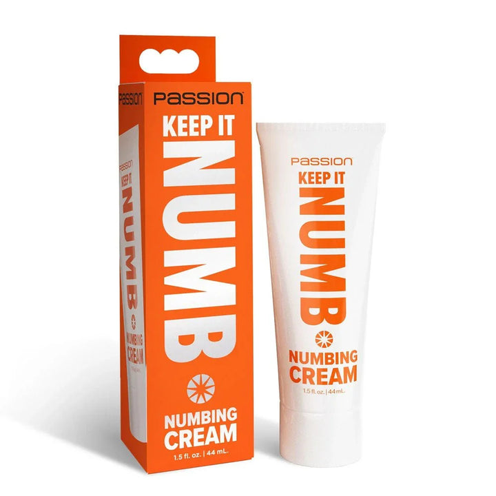 Passion Keep It Numb 44 ml tube and its orange carton upright on plain white