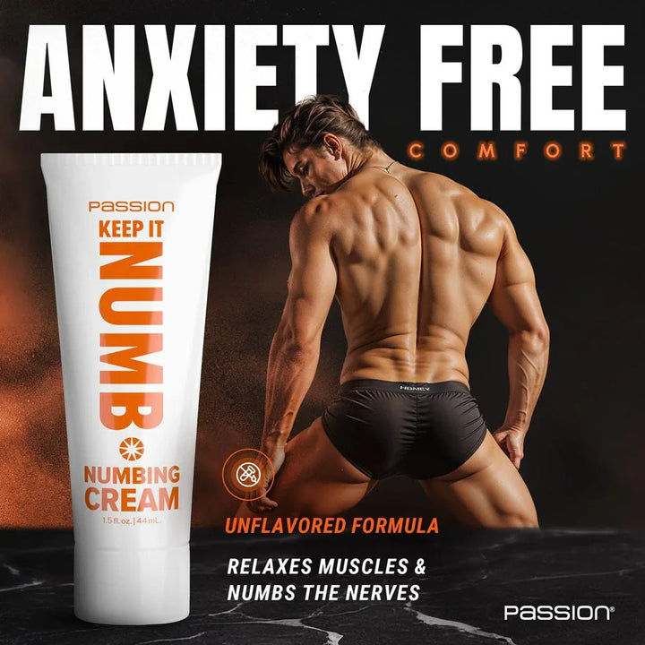 Keep It Numb panel headed Anxiety Free Comfort, tube beside a male model seen from behind