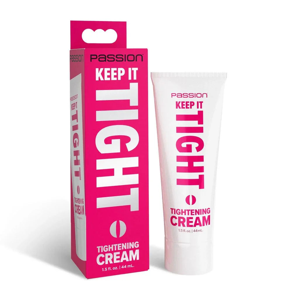 Passion Keep It Tight 44 ml tube and its pink carton upright on plain white