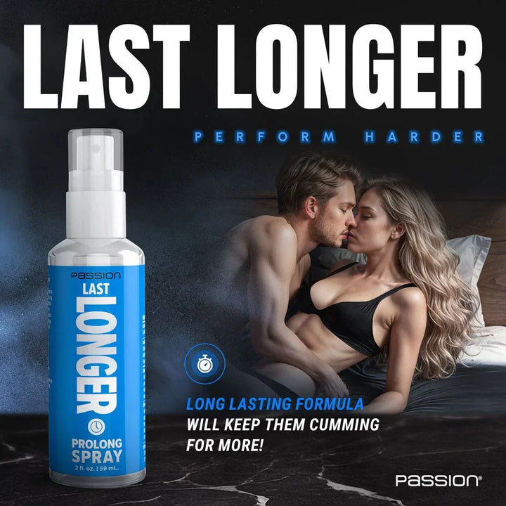 Last Longer panel headed Perform Harder, spray bottle beside a couple in bed