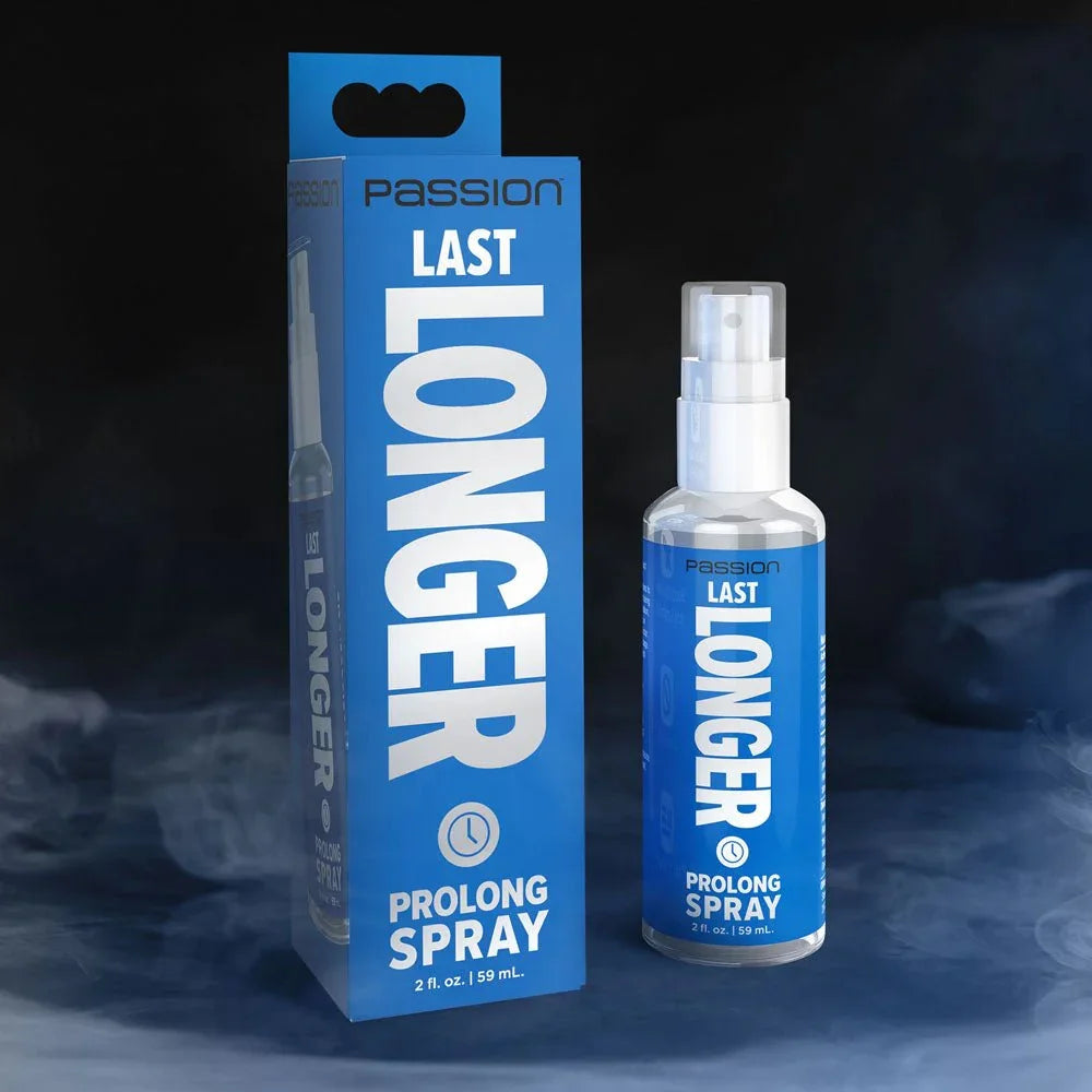 Passion Last Longer prolong spray, clear bottle with a blue label beside its blue carton