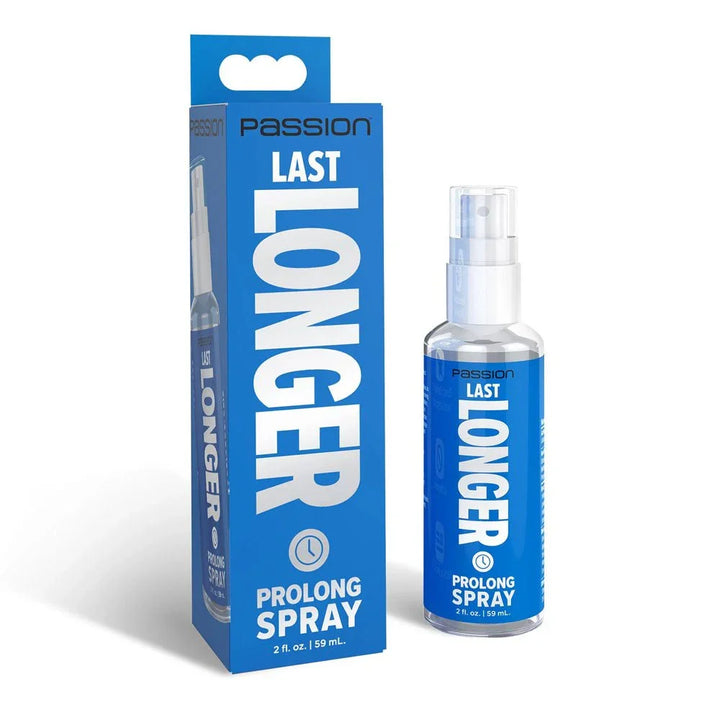 Passion Last Longer 59 ml spray bottle and its blue carton upright on plain white