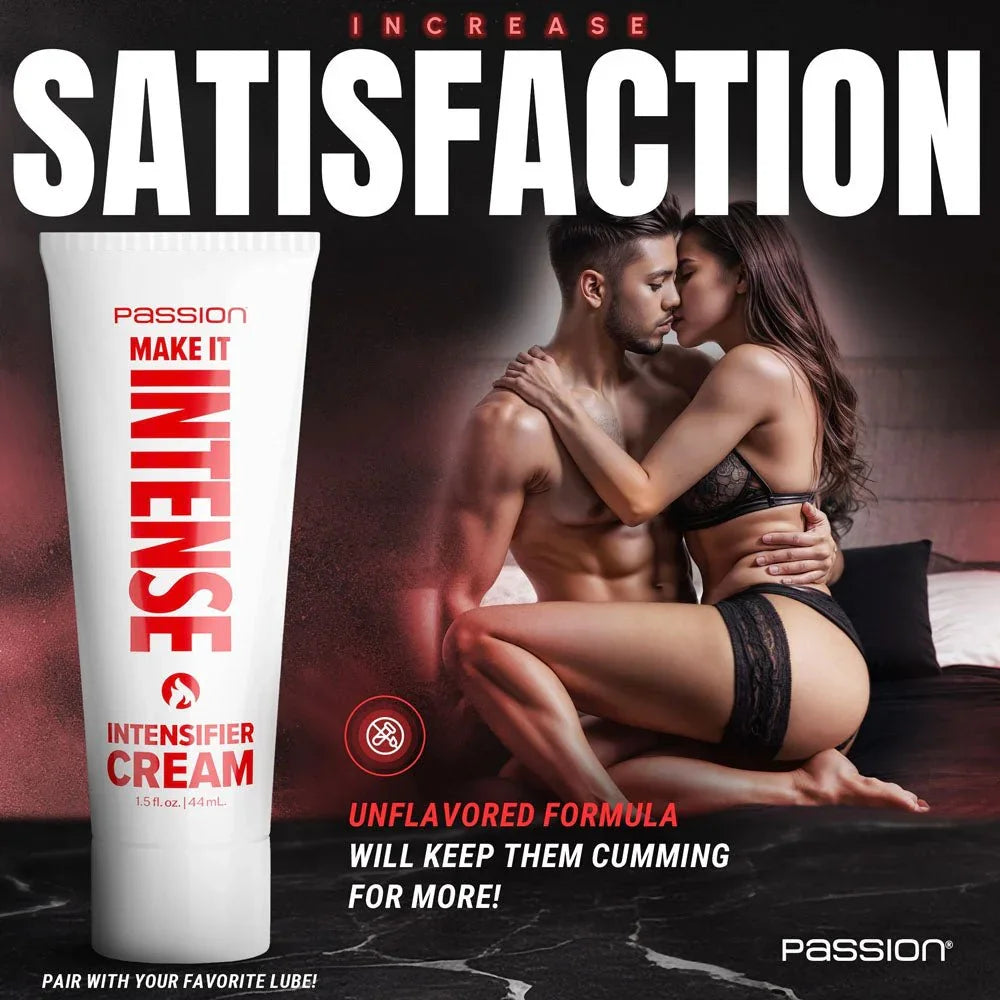 Make It Intense panel headed Increase Satisfaction, tube beside a couple in bed