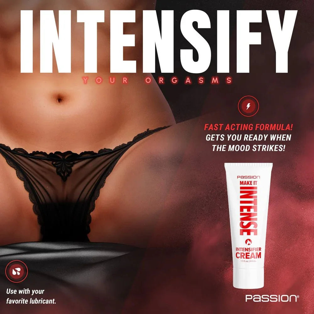 Make It Intense panel headed Intensify Your Orgasms, tube beside a black lace lingerie shot