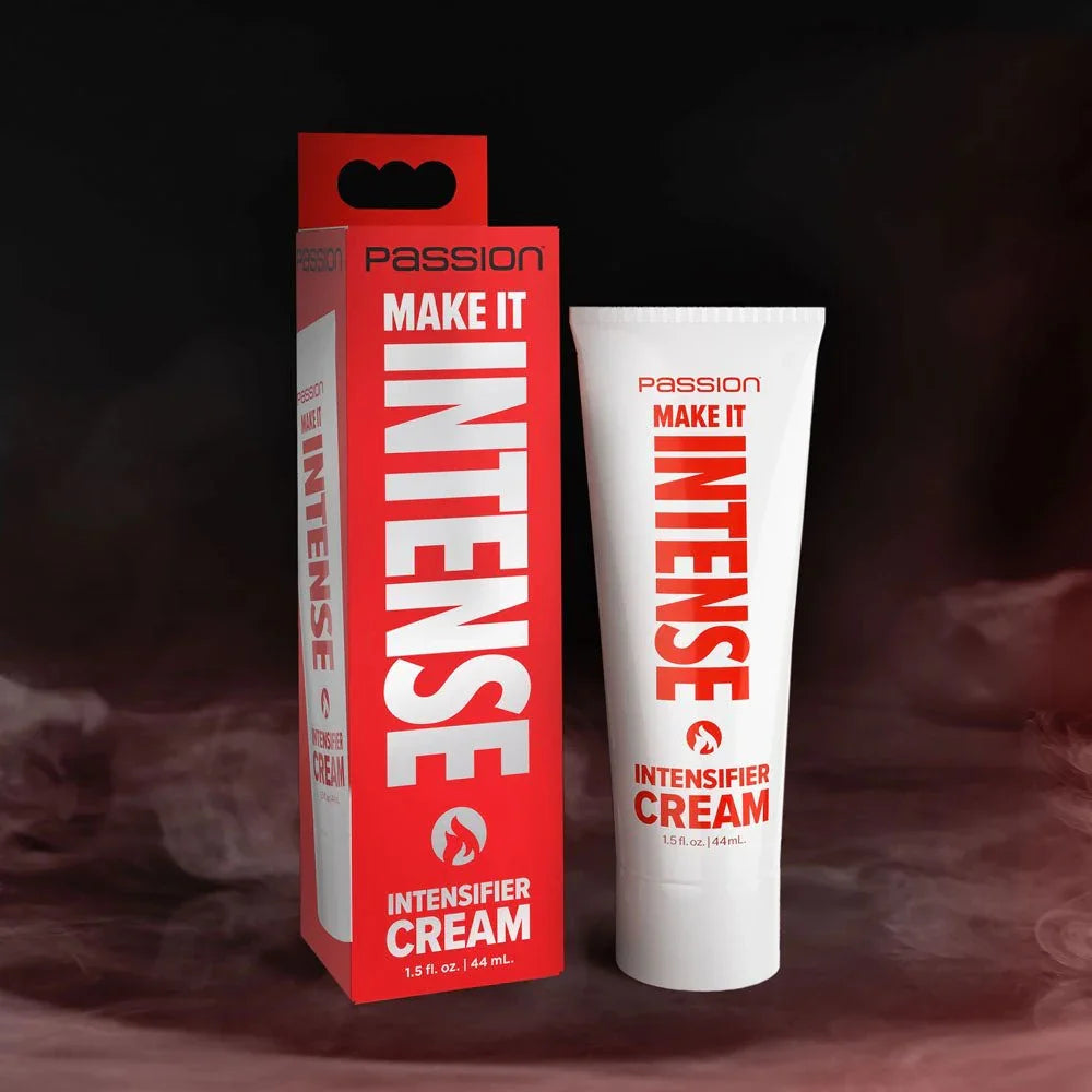 Passion Make It Intense intensifier cream, white tube beside its red carton on a dark backdrop
