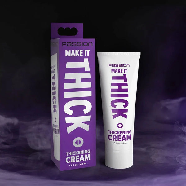 Passion Make It Thick thickening cream, white tube beside its purple carton on a dark backdrop