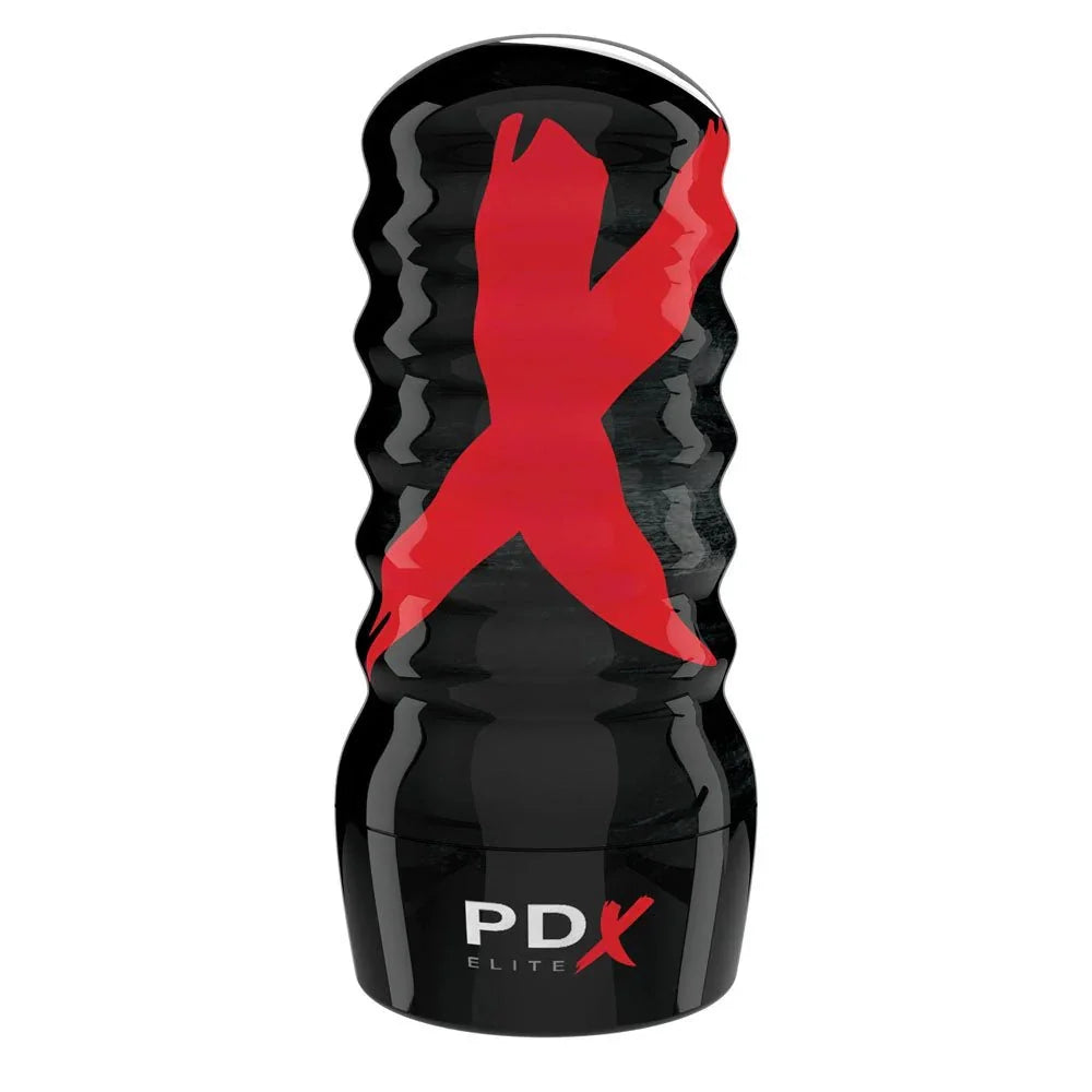 PDX Elite Air-Tight stroker standing on its base, smooth black case with the red X