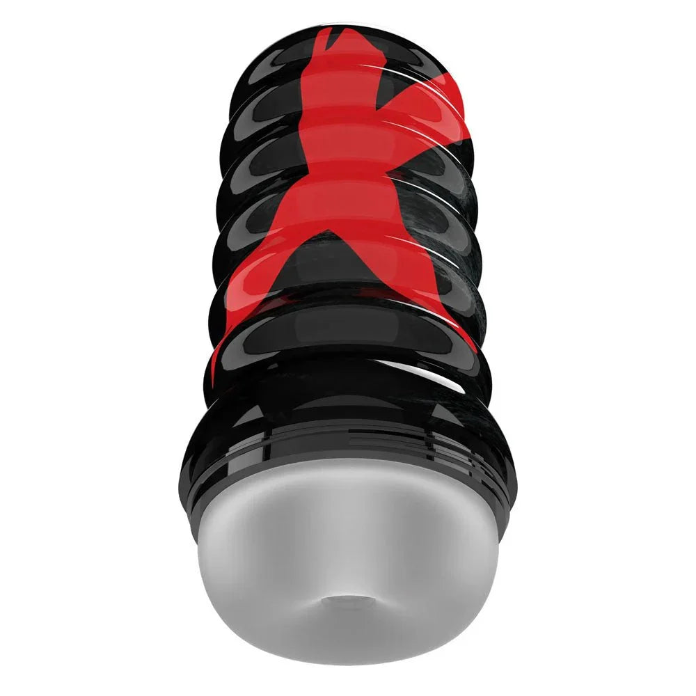PDX Elite Air-Tight stroker upright, black ribbed sleeve with the clear frosted end cap
