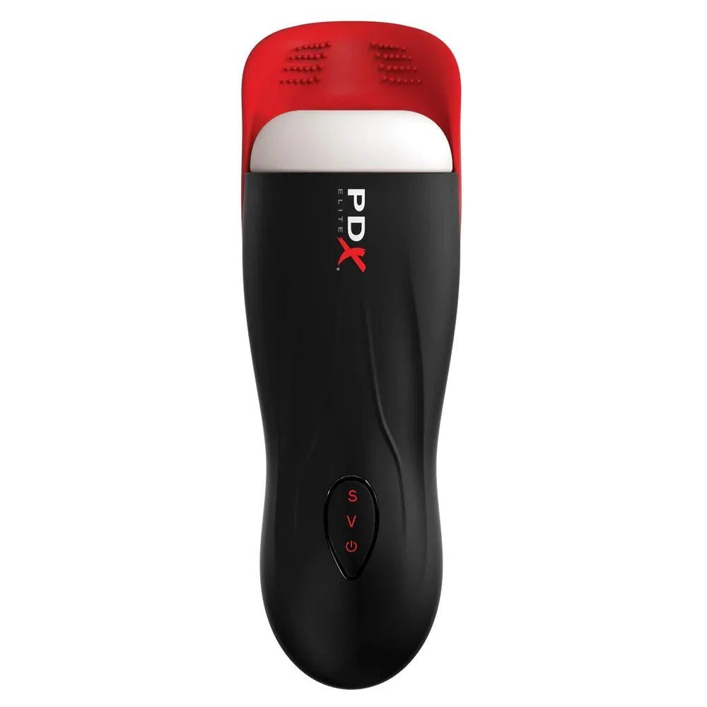 Rear of the Fap-O-Matic Pro showing the red textured grip panel and control buttons