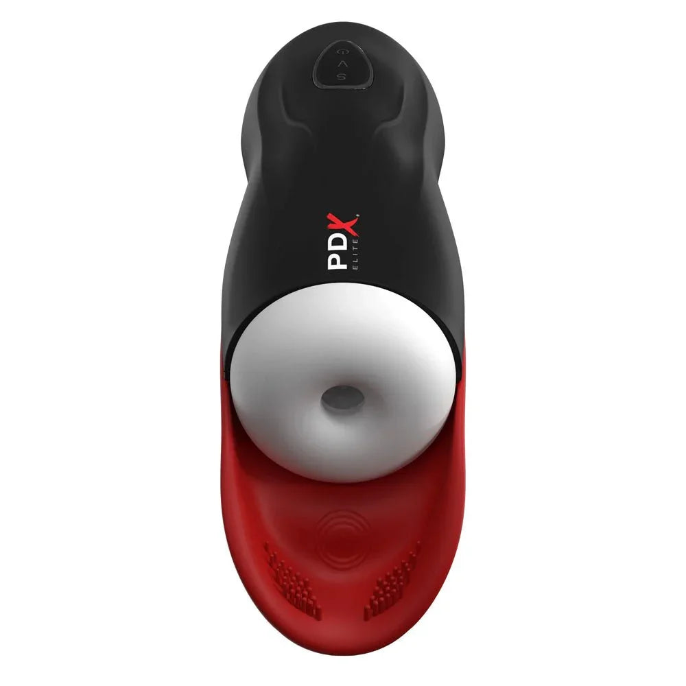 Fap-O-Matic Pro standing upright, black body with the white suction opening at the front