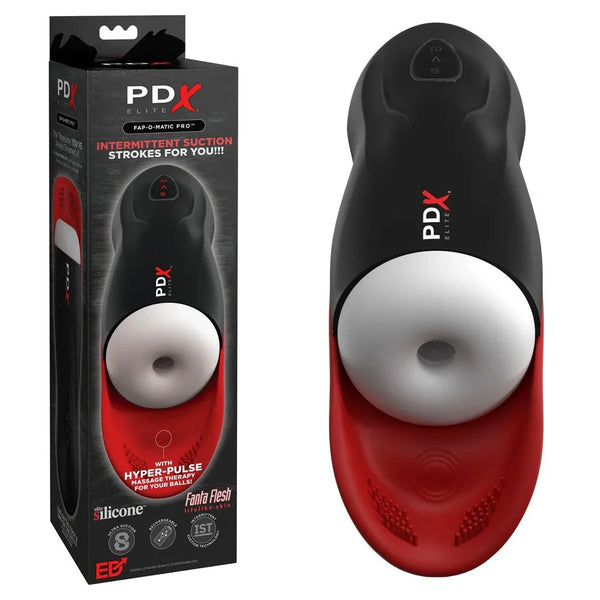 PDX Elite Fap-O-Matic Pro sucking masturbator in black and red, beside its PDX Elite box