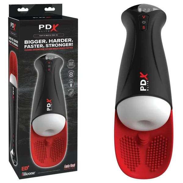 PDX Elite Fap-O-Matic Pro XL automatic stroker in White and Red with its box